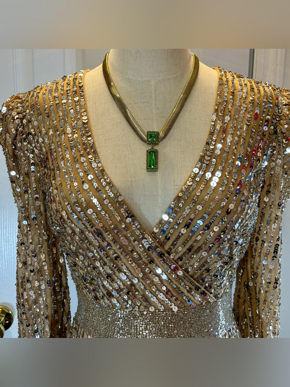 Mac Duggal Sequin Embellished With Cuff Sleeves Gown Vanilla/Silver #5720 - Picture 4 of 11